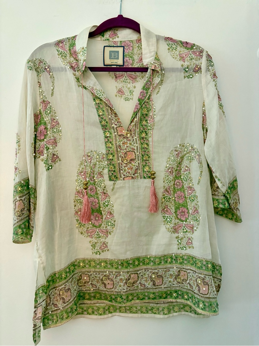 Bell by Alicia Bell silk cotton Paisley Tunic Top with Pink & Green Accents M